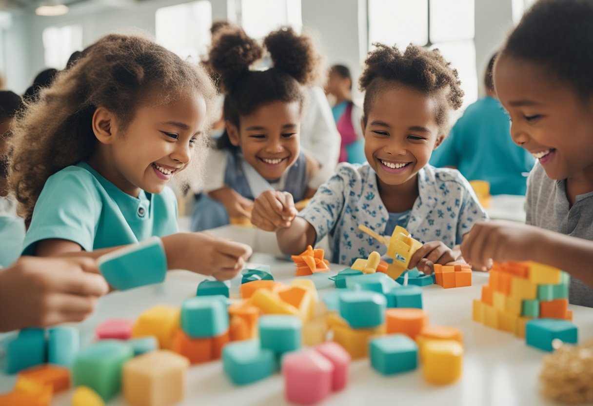 A colorful dental health fair with children crafting tooth-themed art and engaging in dental health activities