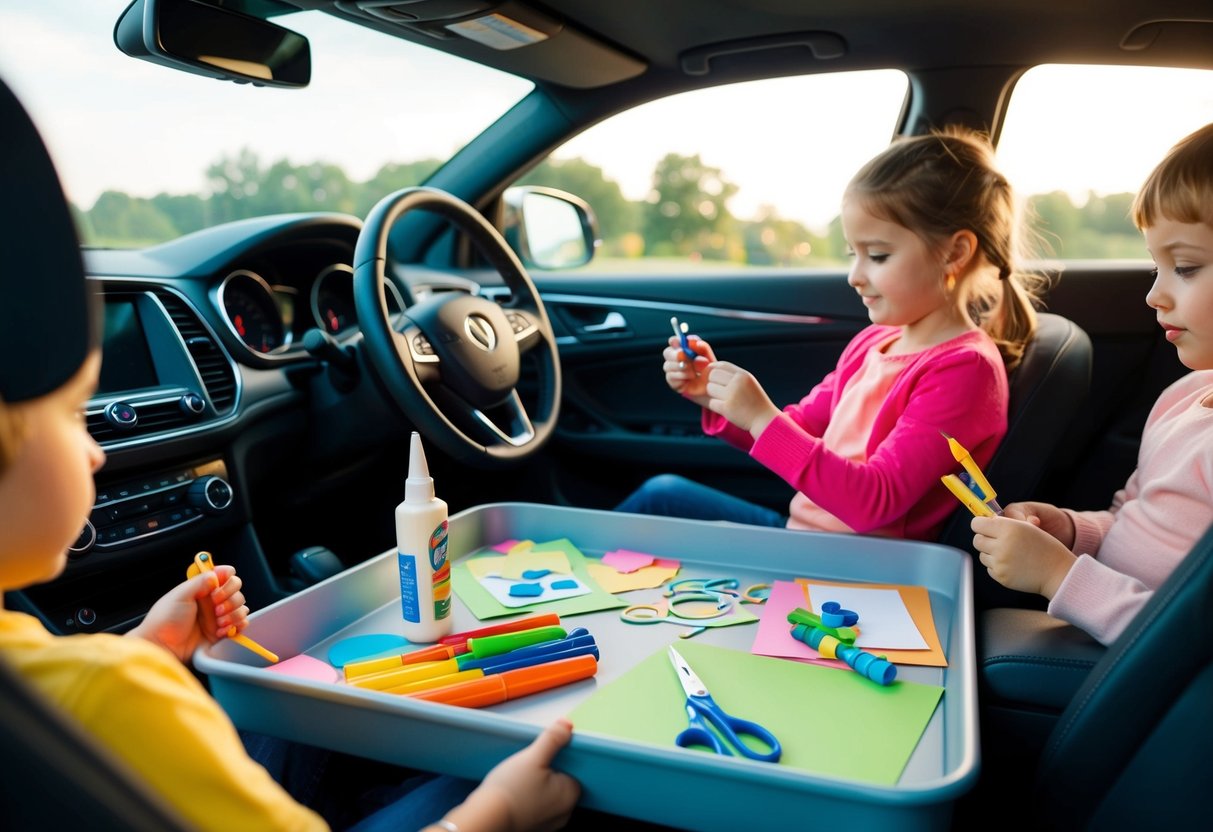 A car interior with a tray of craft supplies, including paper, markers, glue, and scissors, being used by children to create various crafts