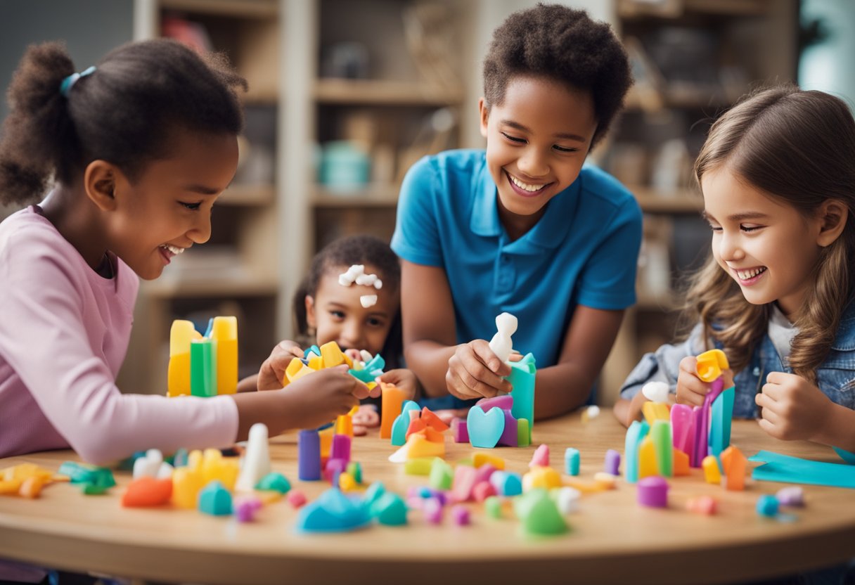 A group of children gathered around a table, creating colorful tooth-themed crafts and engaging in dental health-related activities for Dental Health Month