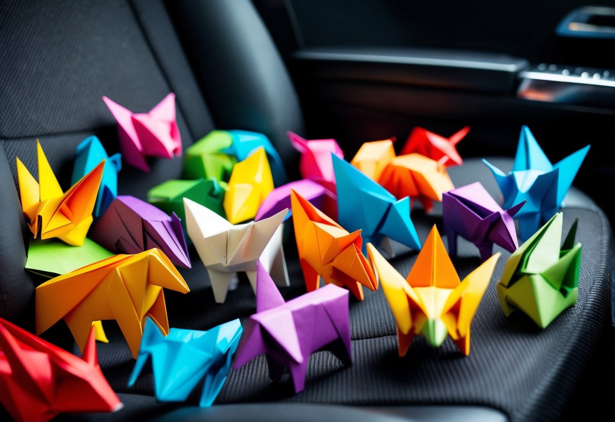 A colorful array of origami animals scattered on a car seat, with paper folds and creases visible