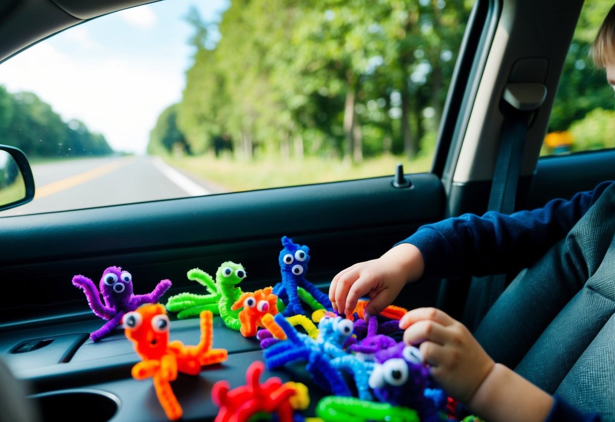 Colorful pipe cleaner creatures scattered on a car seat, with a child's hand reaching for one. A road and trees visible through the window