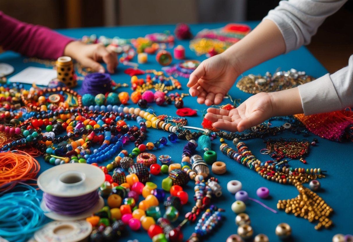 A colorful assortment of beads, threads, and patterns spread out on a table, with small hands reaching for them