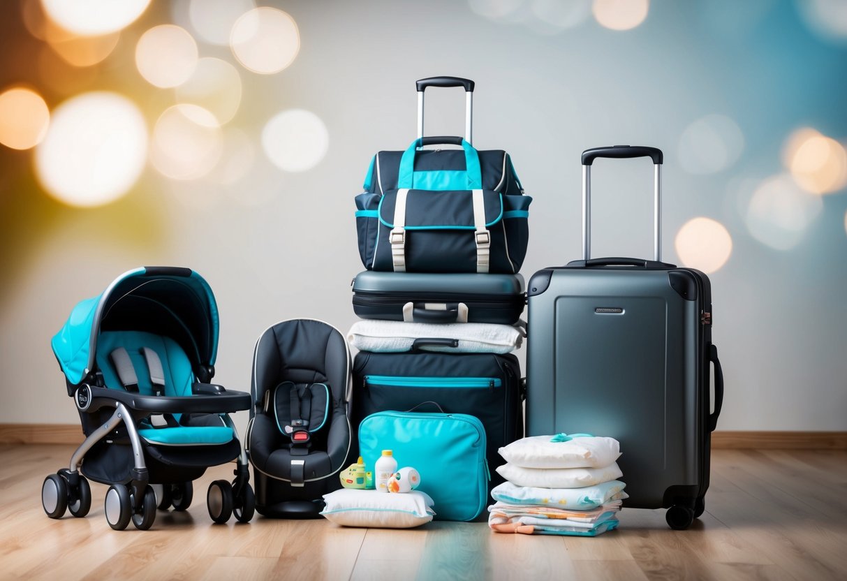 A family suitcase packed with baby essentials, stroller, diaper bag, and a car seat ready for travel