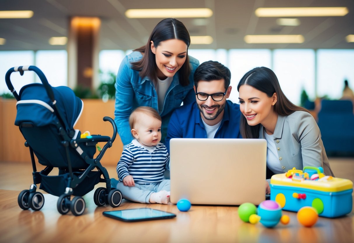 A family with a baby checks a flight schedule on a computer or mobile device, surrounded by travel essentials like a stroller, diaper bag, and toys