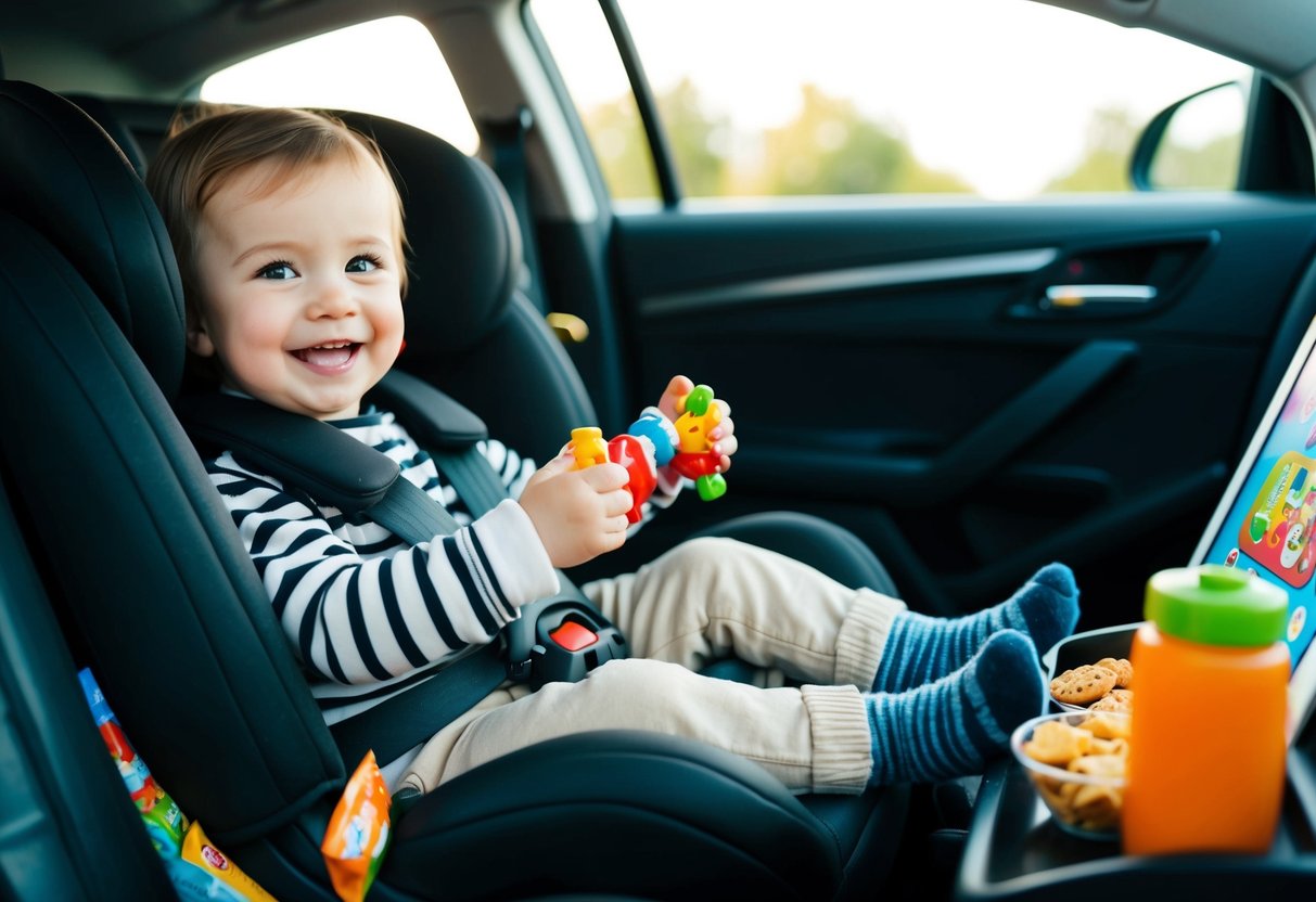 A toddler happily playing with toys in a car seat, surrounded by snacks and a tablet showing cartoons