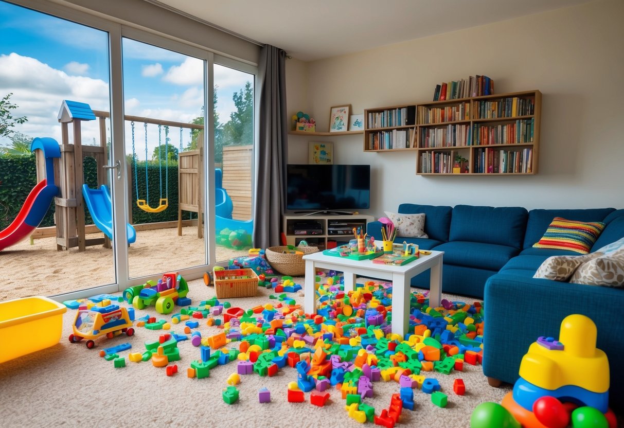 A cozy living room with colorful toys scattered across the floor, a bookshelf filled with children's books, and a table set up for arts and crafts. Outside, a playground with swings and a sandbox