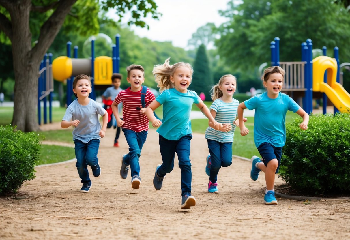 A group of children run through a park, searching for hidden treasures among trees, bushes, and playground equipment. They laugh and shout as they discover each new item on their scavenger hunt list