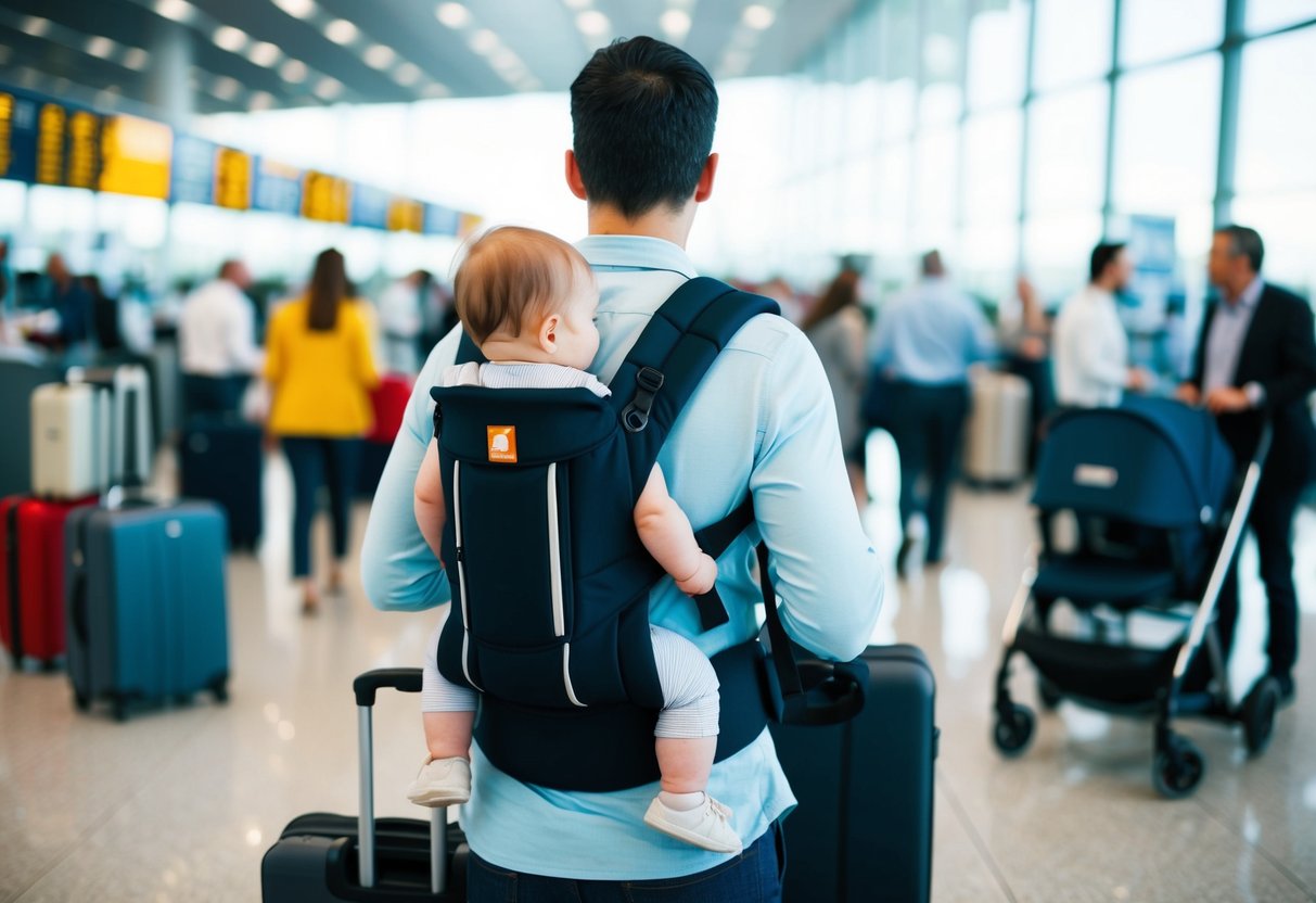 A parent wearing a baby carrier while exploring a bustling airport with suitcases and a stroller in the background