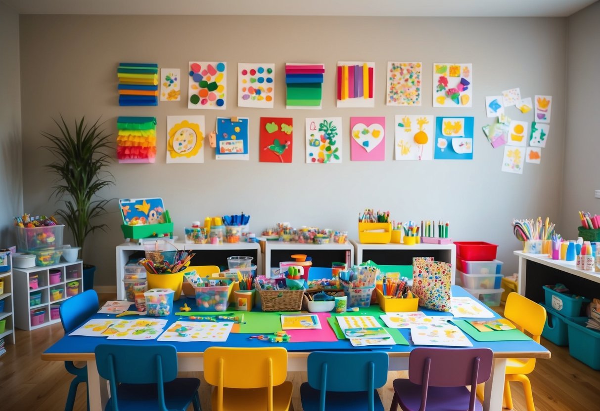 A table covered in colorful craft supplies, with children's artwork displayed on the wall and a variety of completed DIY projects scattered around the room