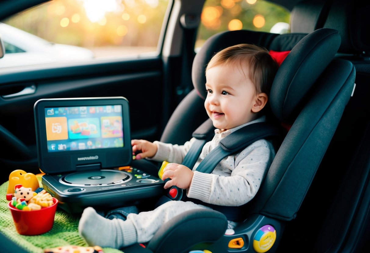 A toddler sits in a car seat, watching a portable DVD player while surrounded by toys, snacks, and a cozy blanket