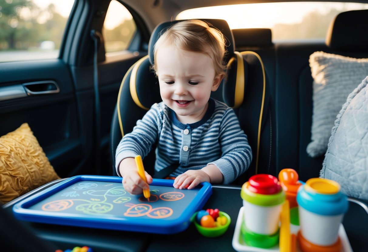 A toddler happily drawing on a magnetic board in a car, surrounded by toys and snacks, with a cozy blanket and pillow nearby