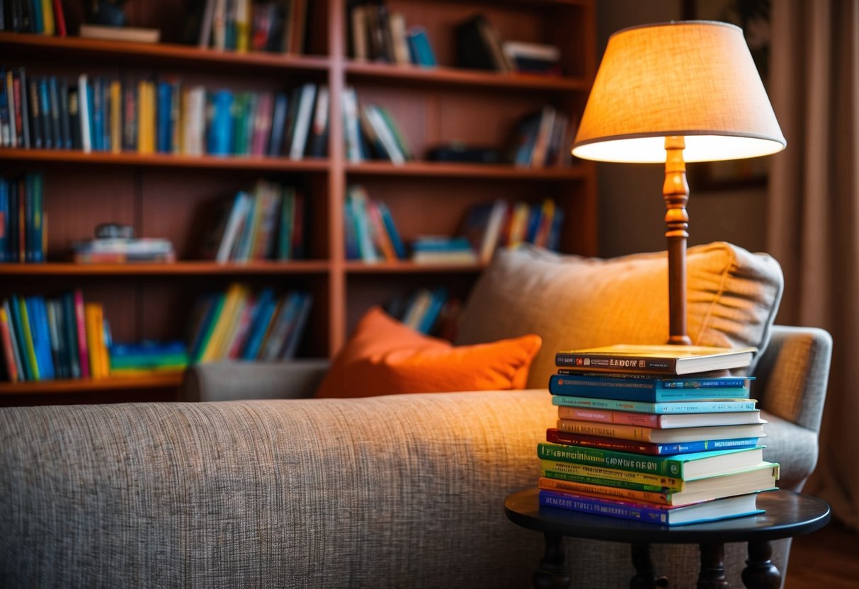 A cozy living room with a colorful bookshelf, a comfortable reading nook, and a stack of engaging storybooks. A warm lamp provides soft lighting, creating a peaceful and inviting atmosphere