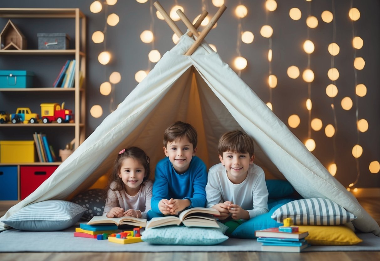 Children construct a cozy blanket fort with pillows and sheets, creating a playful hideaway filled with books, toys, and imaginative adventures