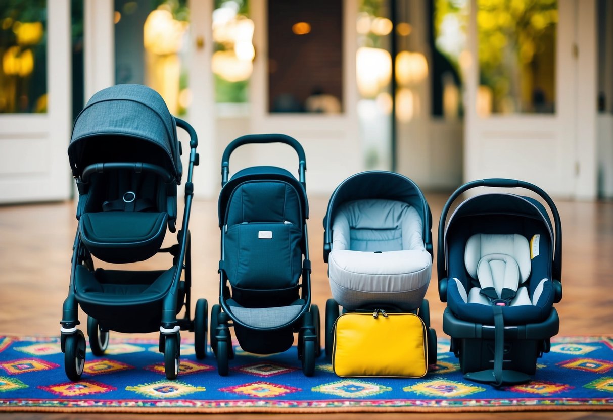 A stroller, diaper bag, baby carrier, portable crib, and car seat arranged neatly in a row on a colorful, patterned rug