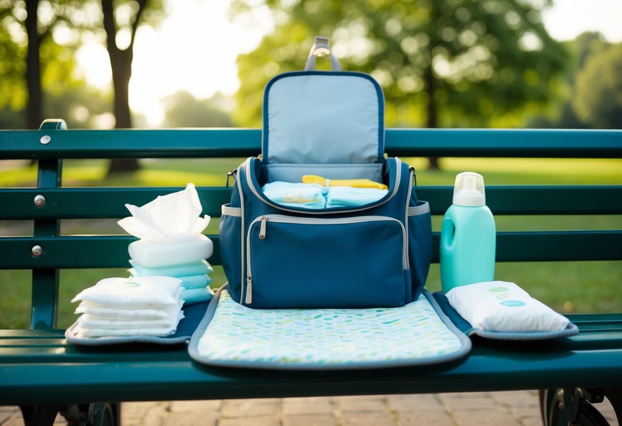 A diaper bag open on a park bench, with wipes, diapers, and a portable changing pad laid out neatly for quick and easy access