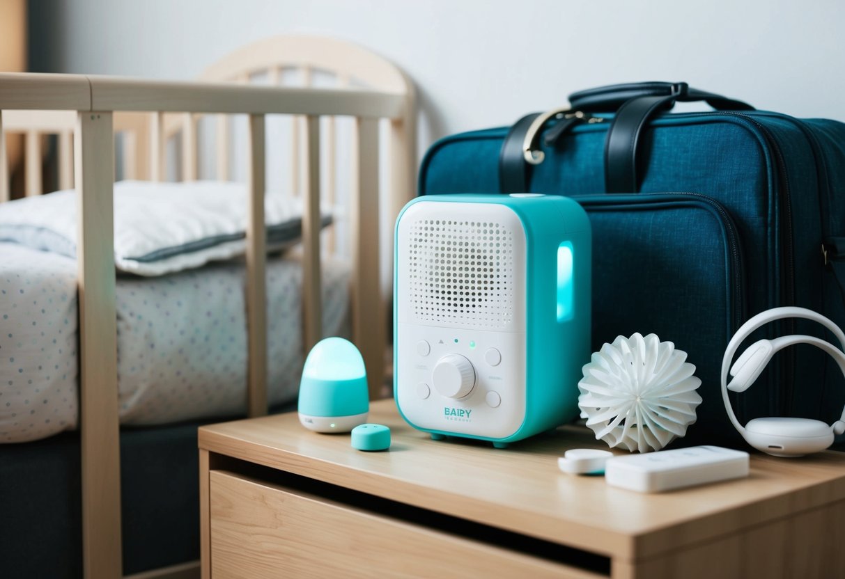 A baby's portable white noise machine sits on a nightstand next to a travel crib, surrounded by a suitcase and other baby essentials