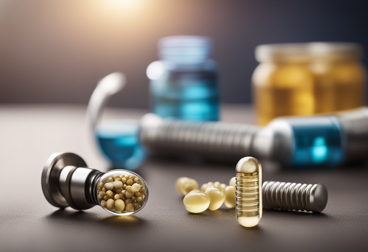 A close-up of a titanium dental implant next to various allergy-inducing substances, such as pollen and pet dander, with a question mark hovering above