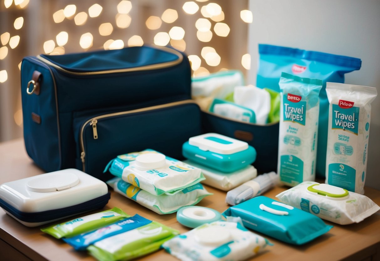 A diaper changing station with travel-size wipes and other essentials laid out for quick and easy access