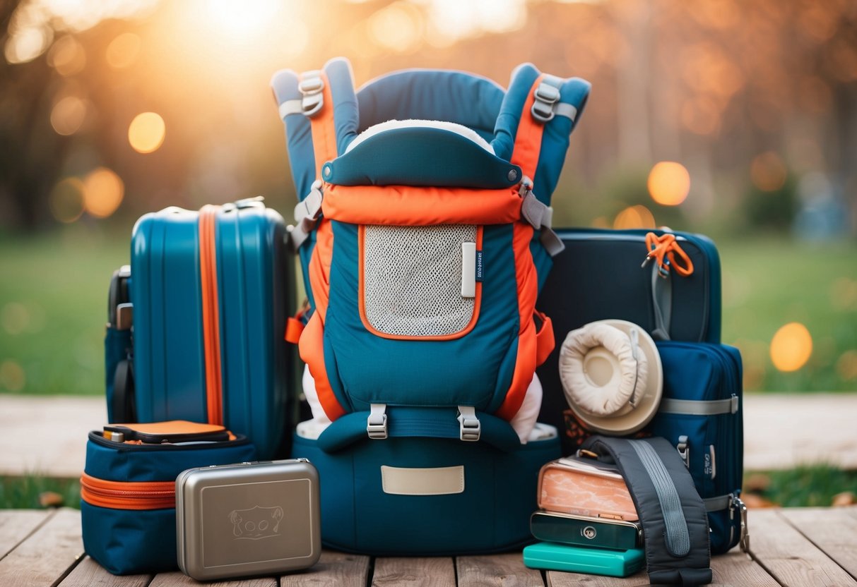 A baby carrier surrounded by travel gear items