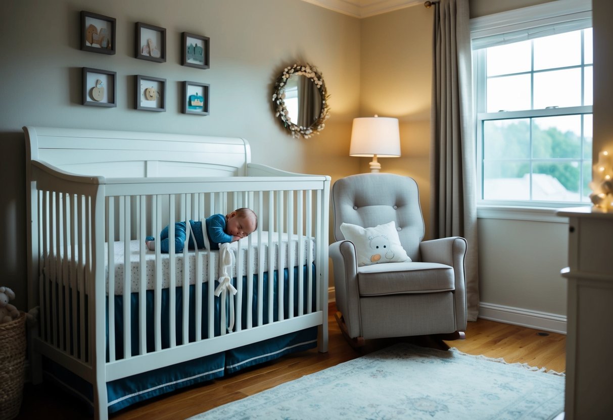 A cozy nursery with a crib, rocking chair, and soft lighting. A baby sleeps peacefully, surrounded by familiar bedtime items