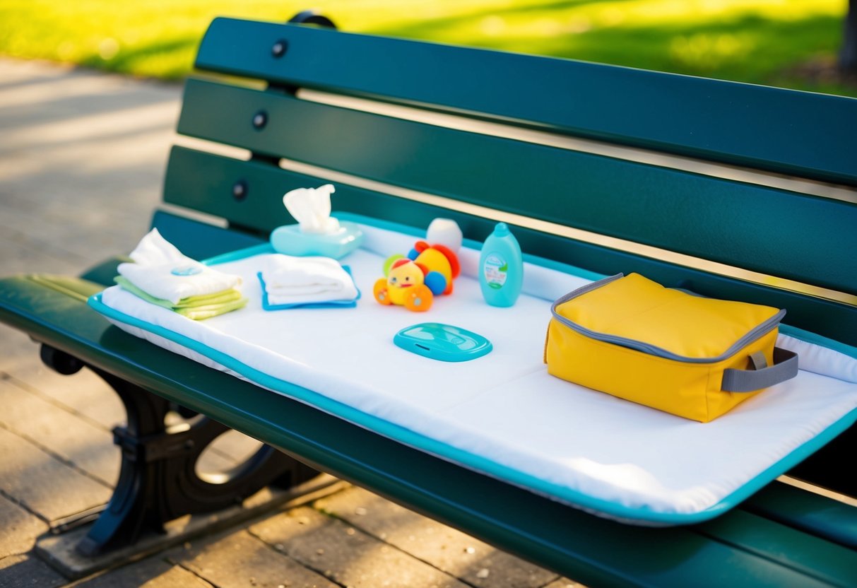 A portable changing pad laid out on a park bench, surrounded by a diaper bag, wipes, and a toy to keep the baby entertained