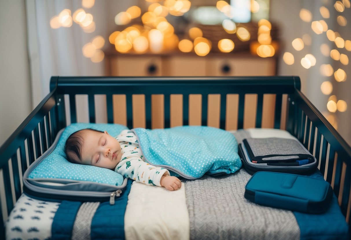 A cozy crib with familiar bedding surrounded by travel essentials and a peaceful sleeping baby