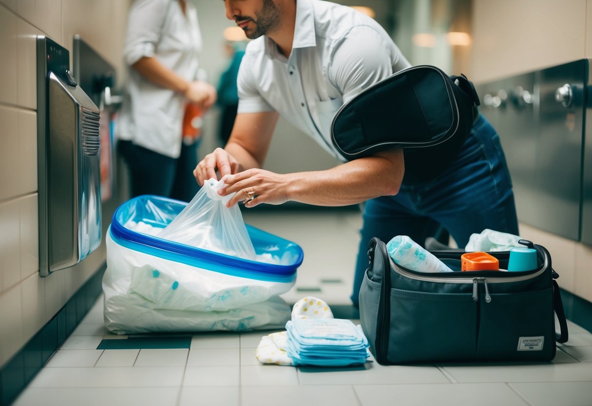 A parent reaches for a zip-lock bag while changing a diaper in a public restroom. A diaper bag sits nearby, filled with essentials for on-the-go changes