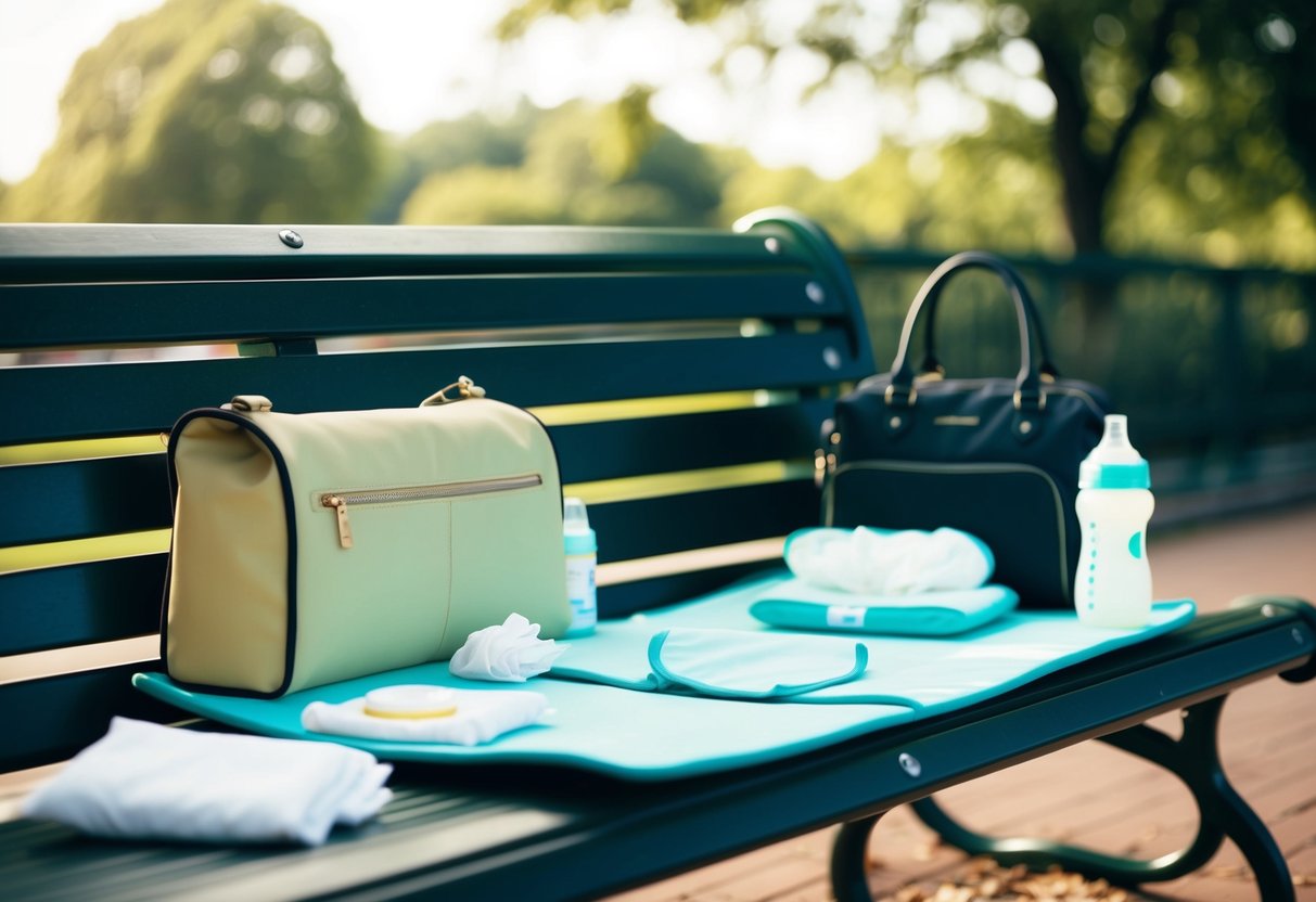 A stylish changing mat unfolds on a park bench, surrounded by a diaper bag, wipes, and a bottle