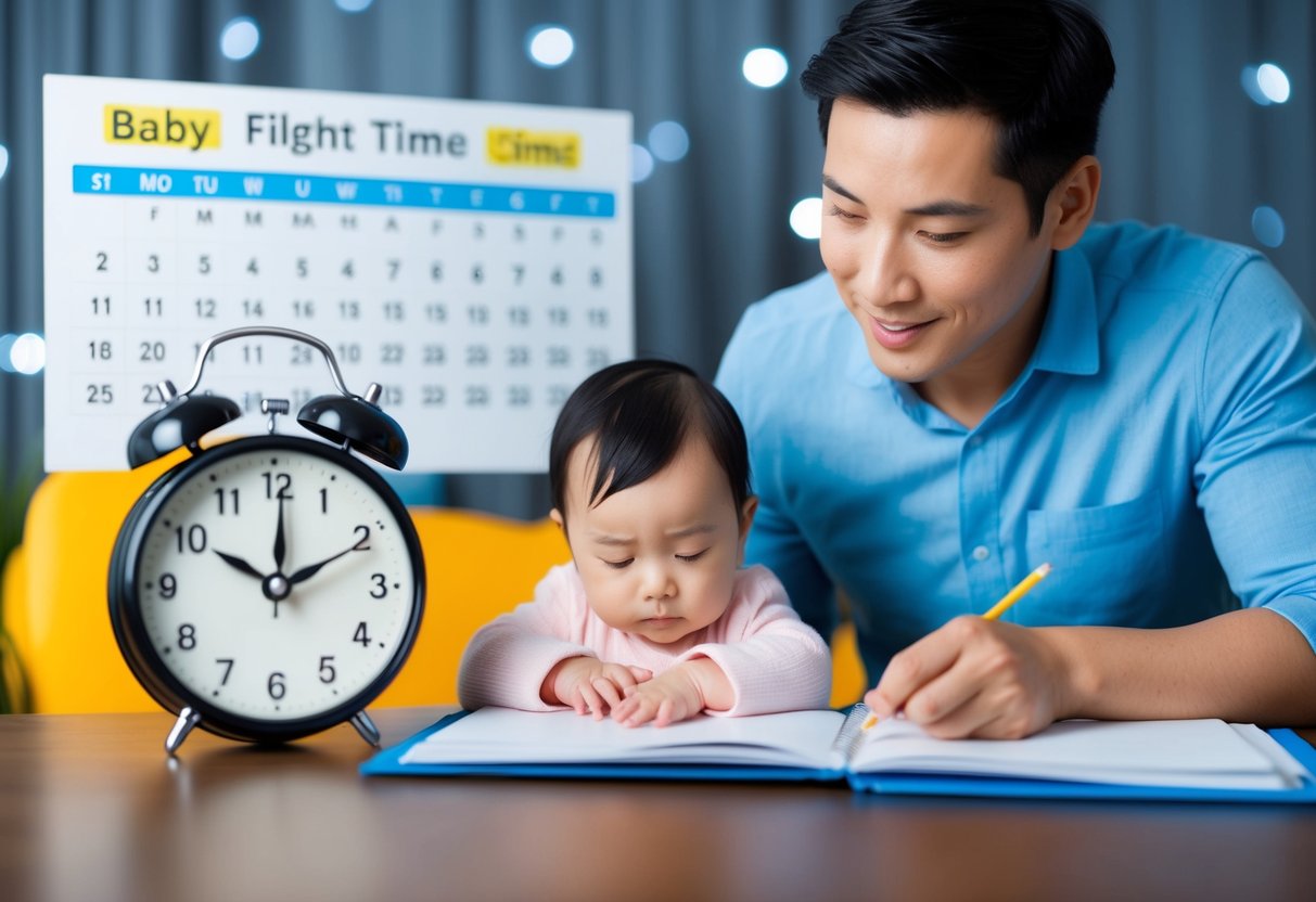 A parent arranging flight times around a baby's nap schedule, with a clock showing nap time and a flight schedule in the background