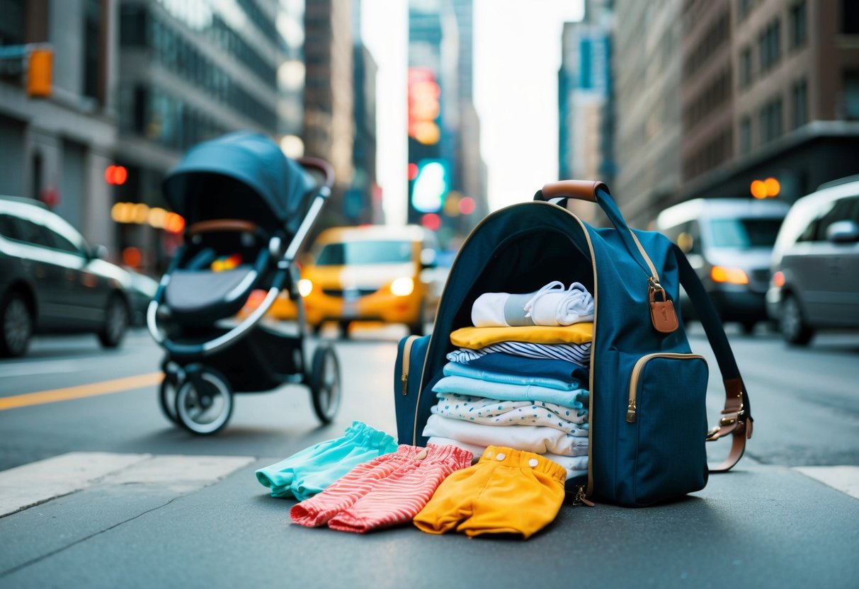 A diaper bag with multiple outfits spilling out, set against a busy city street with a stroller nearby