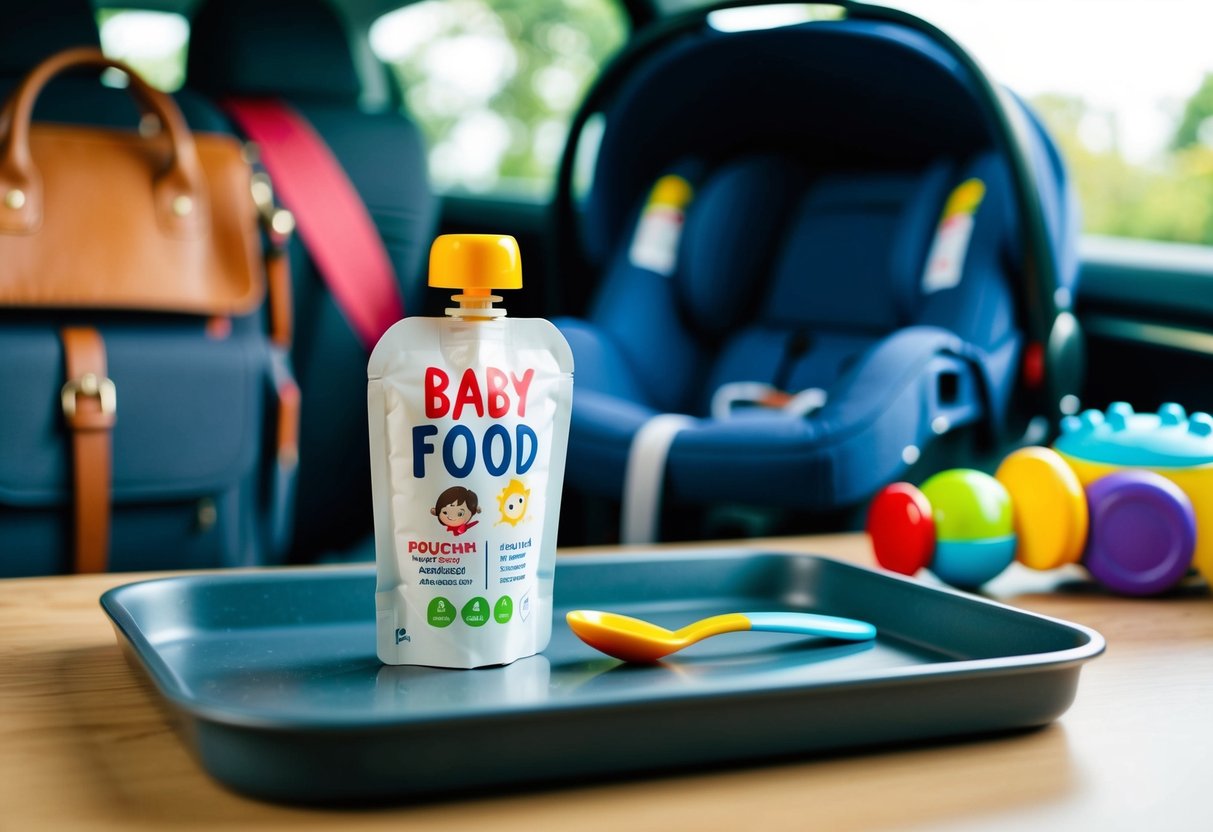 A baby food pouch and spoon on a tray next to a car seat with a travel bag and toys in the background