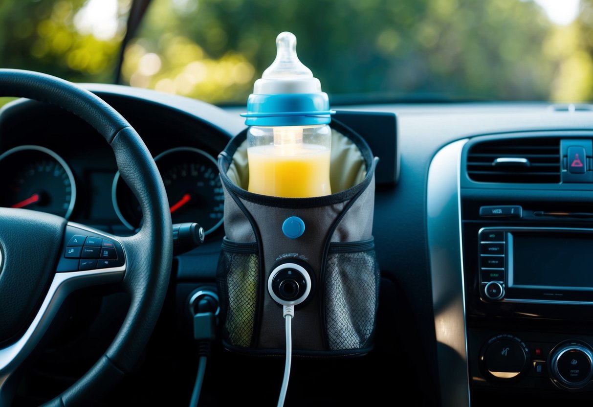 A car dashboard with a portable bottle warmer plugged into the cigarette lighter. A baby bottle sits inside the warmer, surrounded by travel essentials