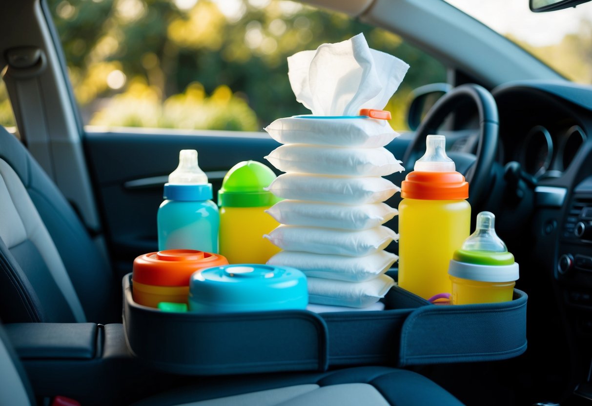 A stack of bottle cleaning wipes surrounded by baby feeding essentials on a travel tray in a car