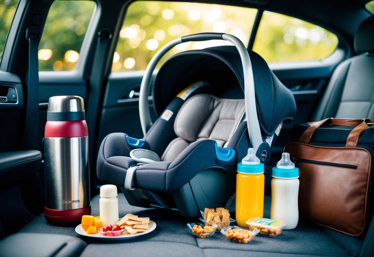 A car seat with a thermos for formula storage, surrounded by baby bottles, snacks, and a travel bag