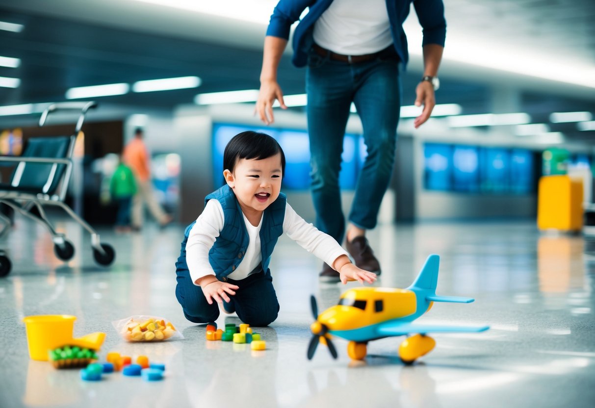 A parent chasing after a giggling toddler in an airport, with toys and snacks scattered on the floor. The toddler is reaching for a colorful toy airplane while the parent tries to catch them