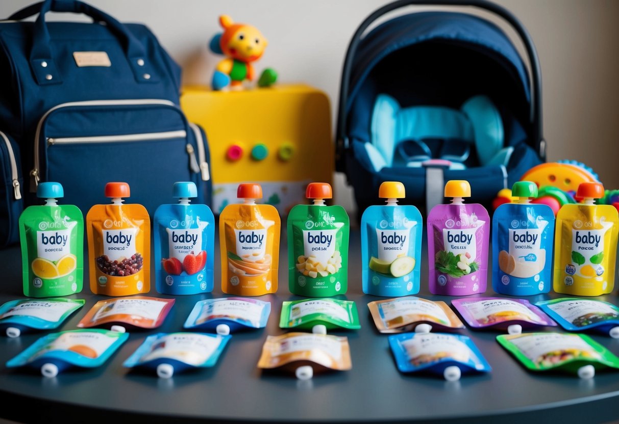 A variety of colorful, easy-to-pack baby food pouches arranged neatly on a table, surrounded by travel essentials like a diaper bag, toys, and a car seat