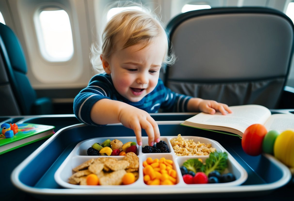 A toddler eagerly reaches for a colorful array of healthy snacks, scattered across a travel tray. A toy and book lay nearby, ready to engage the restless child