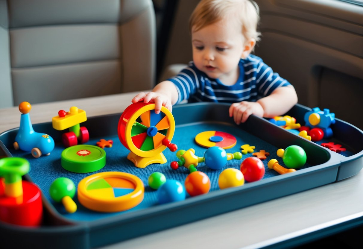 A colorful array of interactive toys scattered across a travel tray, with a busy toddler reaching for a spinning wheel and a puzzle