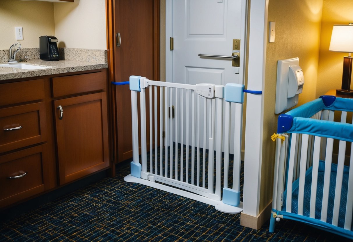 A hotel room with cabinet locks, outlet covers, corner guards, and door stoppers. A gate blocks the stairs, and a playpen provides a safe space