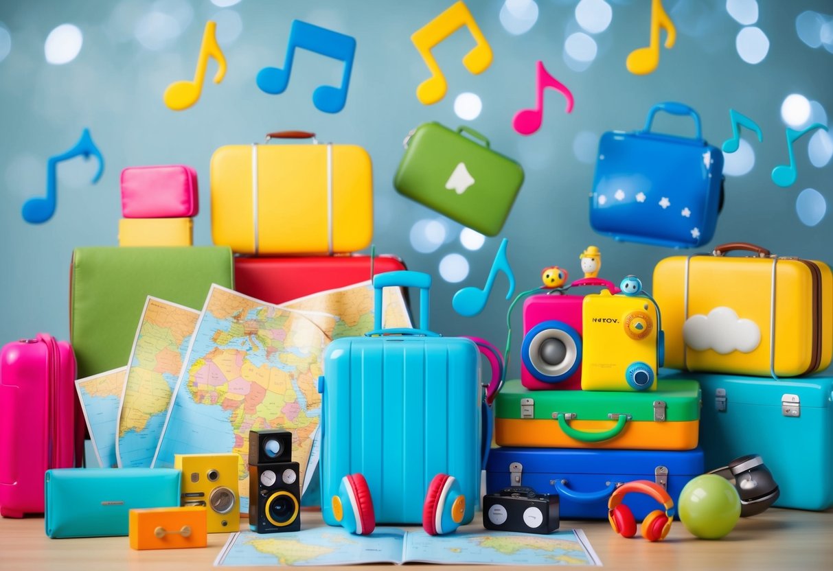 A colorful assortment of travel-themed items, such as a map, suitcase, headphones, and toys, are arranged on a table, with musical notes floating in the air