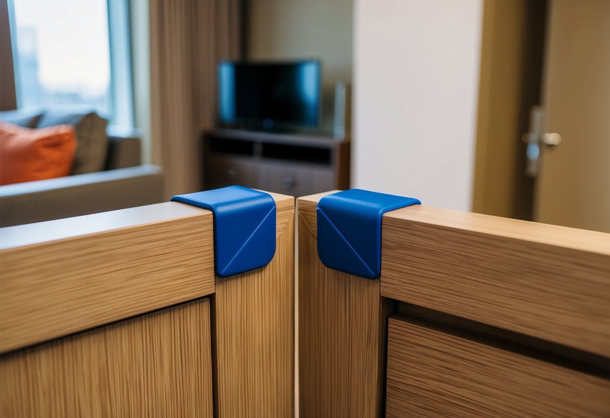 Corner guards attached to sharp corners of furniture in a hotel room or Airbnb