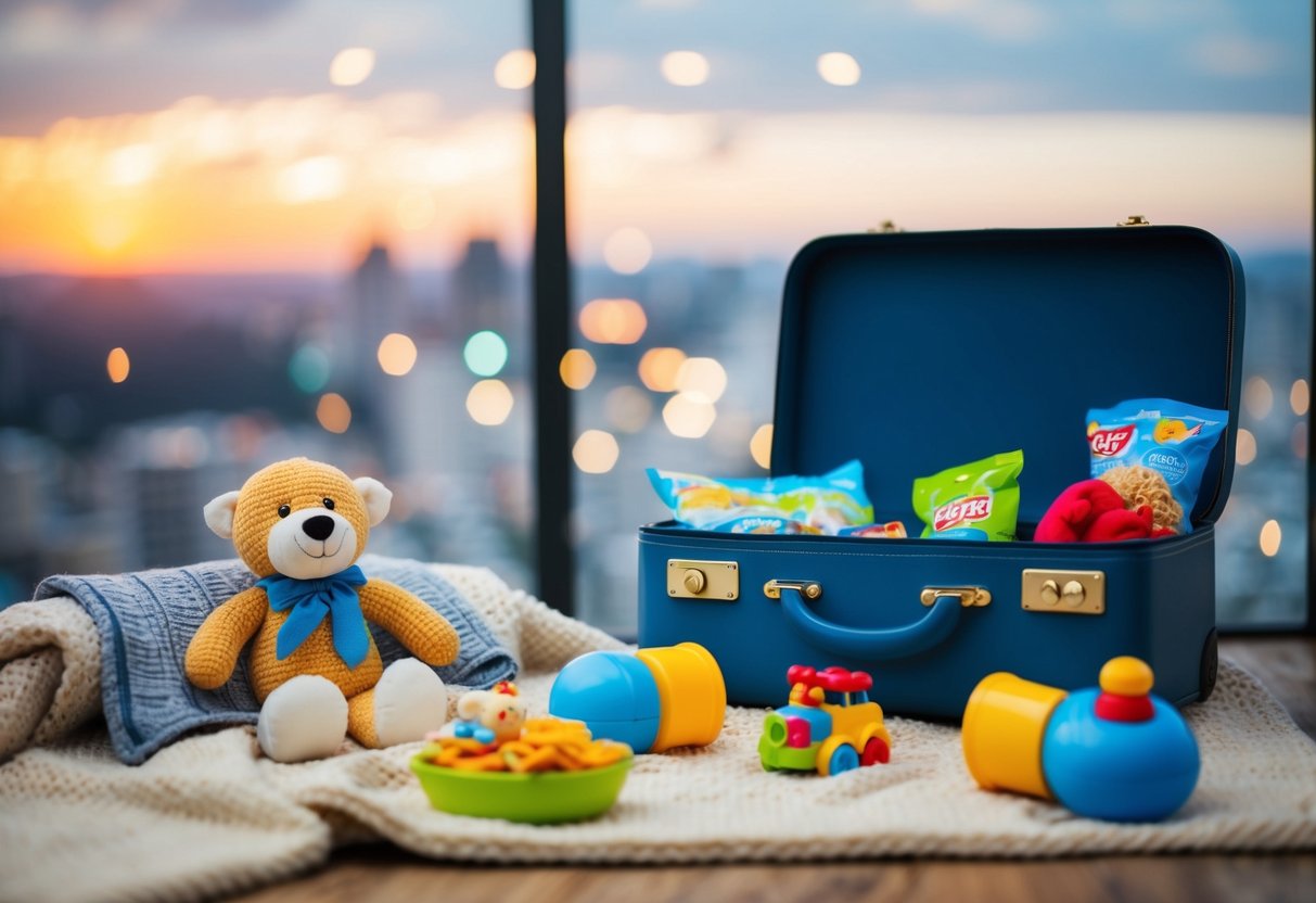 A toddler's lovey sits on a cozy blanket next to a small suitcase, surrounded by toys and snacks for a long journey