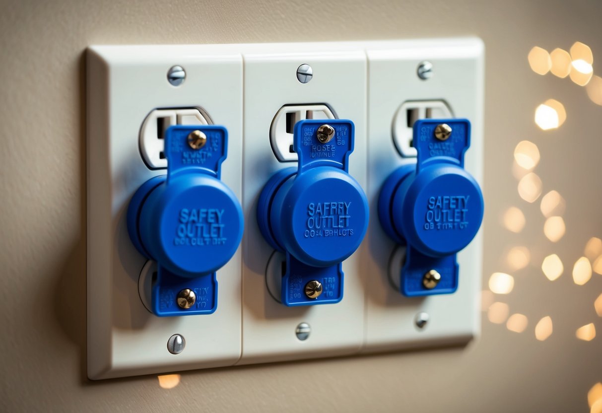 Electrical outlets covered with safety plugs and secured with outlet covers