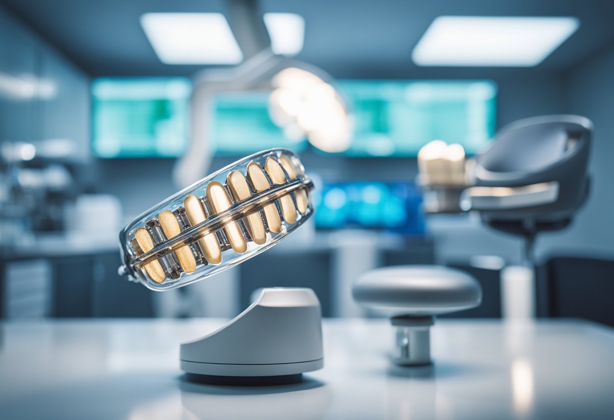 A dentist's office with a titanium dental implant displayed under a bright light, surrounded by medical equipment and research papers