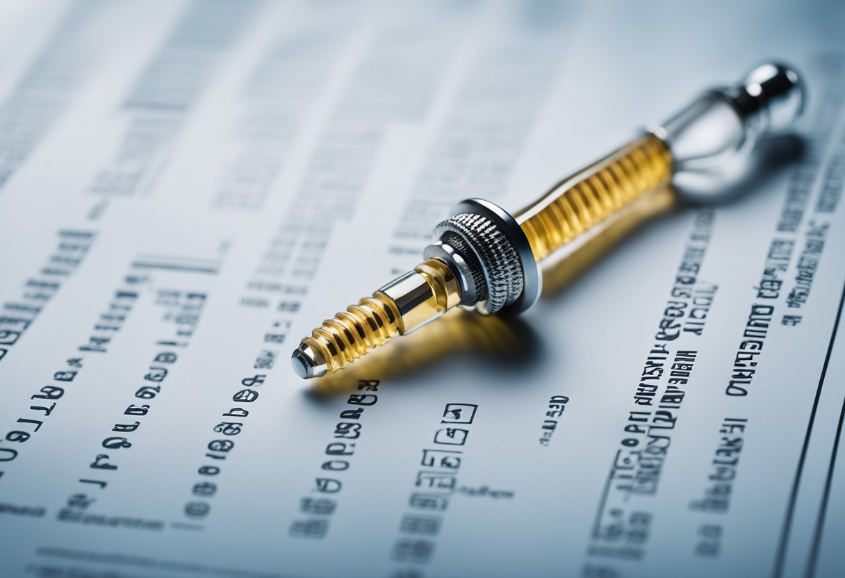 A dental implant surrounded by legal documents and regulatory guidelines, with a question mark hovering over it