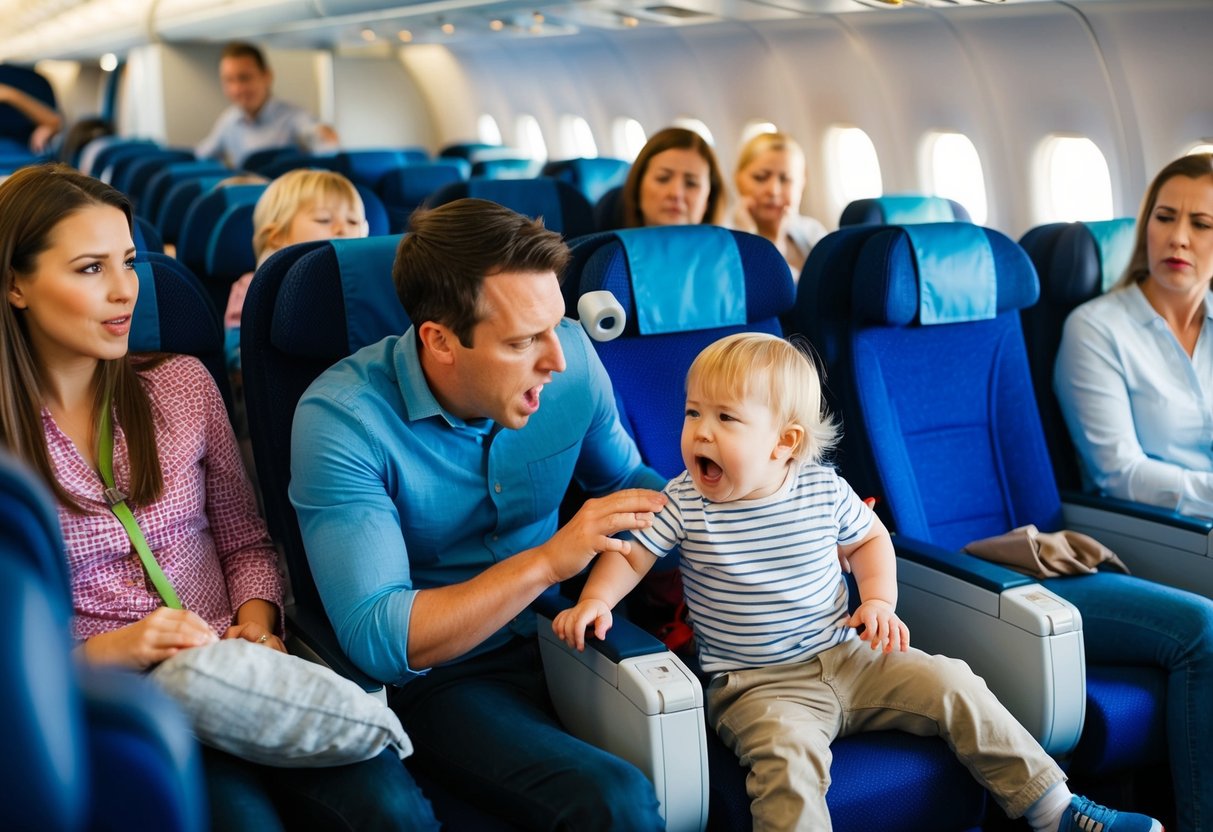 A toddler on a plane throws a tantrum, while a parent tries to calm them down. Nearby passengers look on with varying degrees of sympathy and annoyance