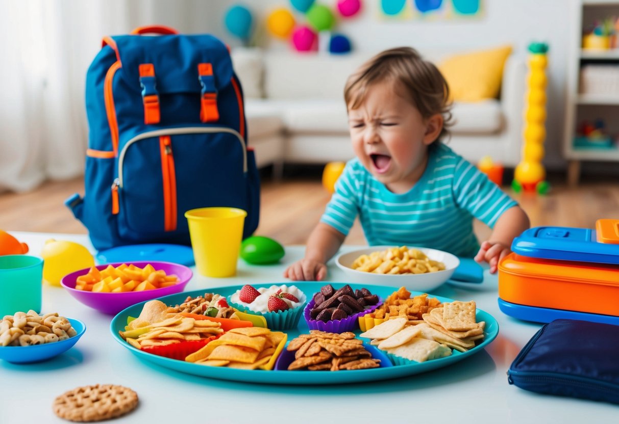 A variety of snacks arranged on a colorful tray, surrounded by travel essentials like a backpack and toys, with a frustrated toddler in the background