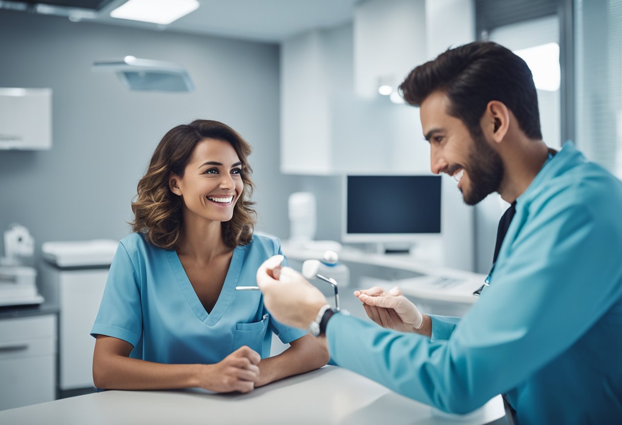 A dental professional and a patient discussing titanium implants in a modern dental office