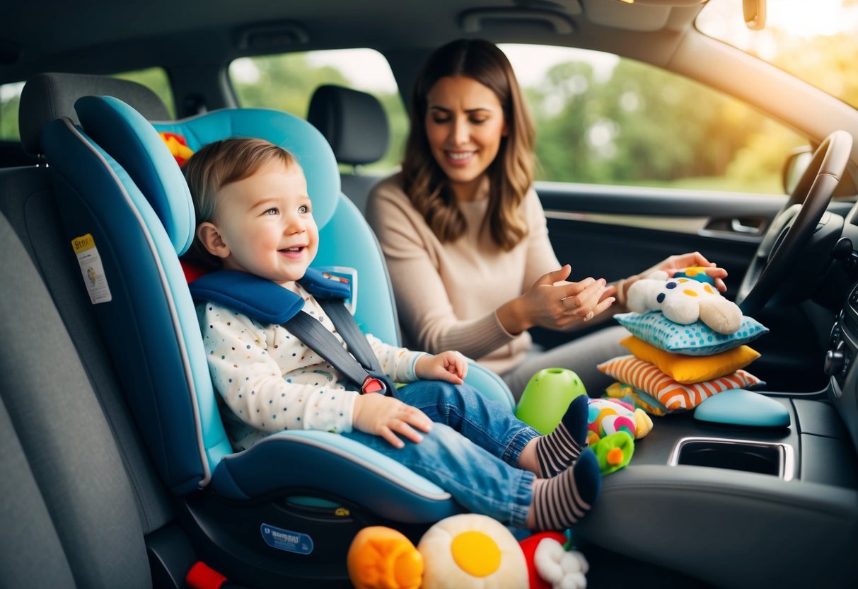 A toddler's comfort items surround them as they sit in a car seat, while a parent offers soothing solutions for dealing with their tantrums during travel