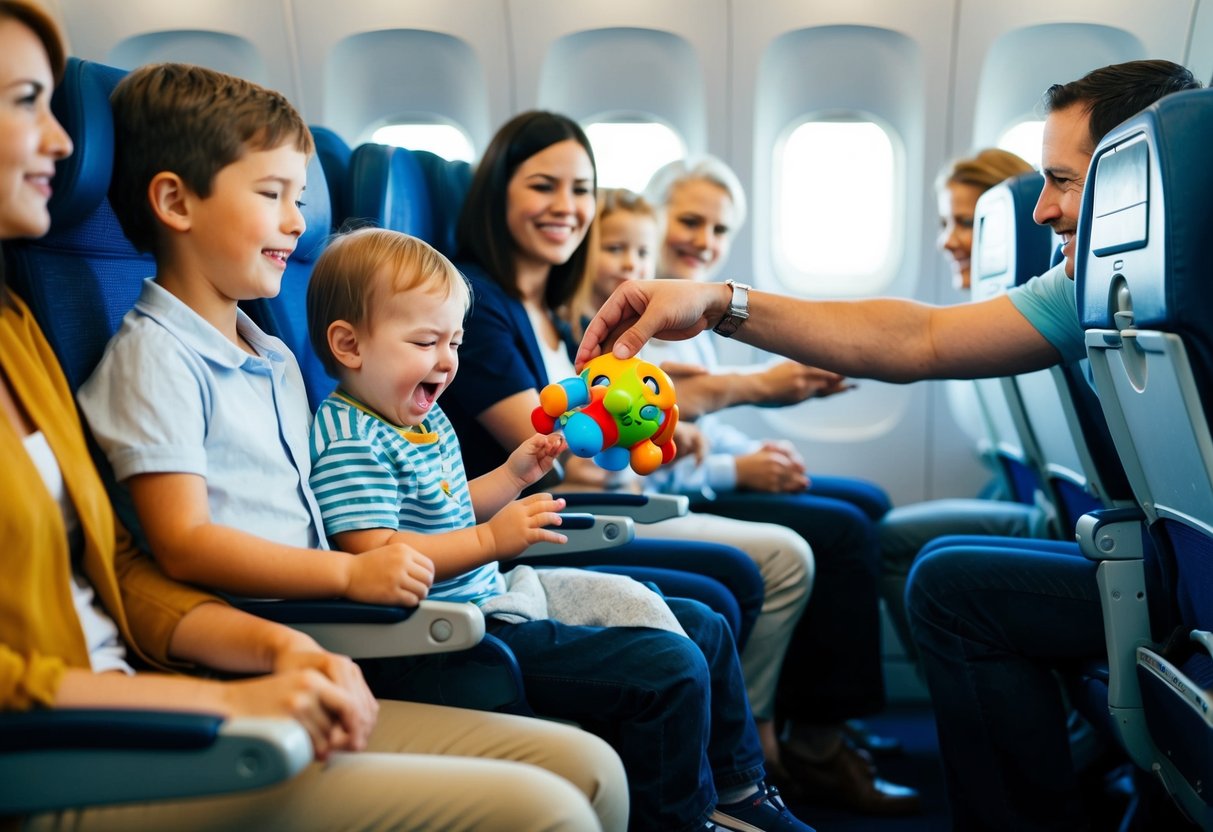 A parent sitting on a plane, handing a toy to a toddler having a tantrum. Other passengers look on with understanding expressions